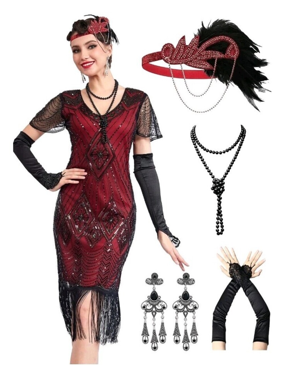 1920s Flapper Dress Great Gatsby Costume Set Red Black Sequined Fringe XXL New
